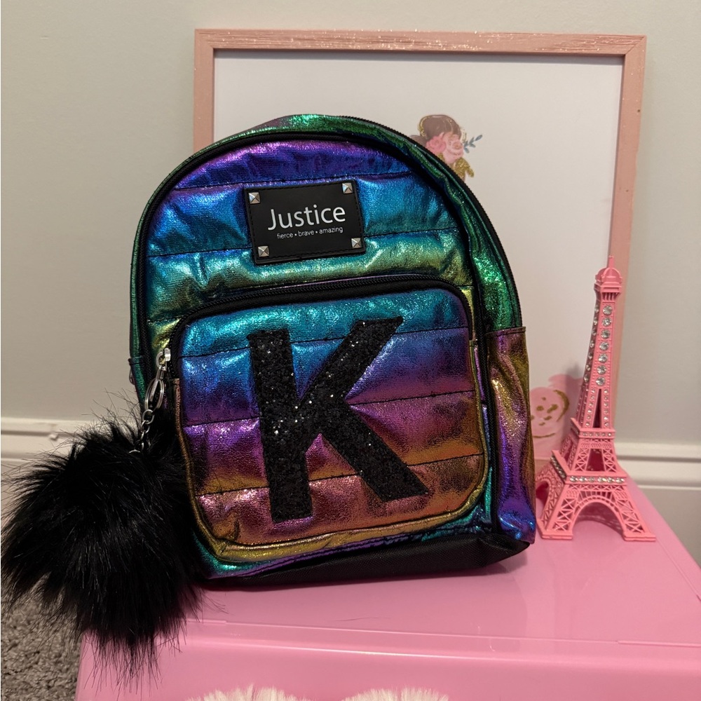 🌸Justice Multicolor Mini Backpack with Black Pom Pom and letter K 💖